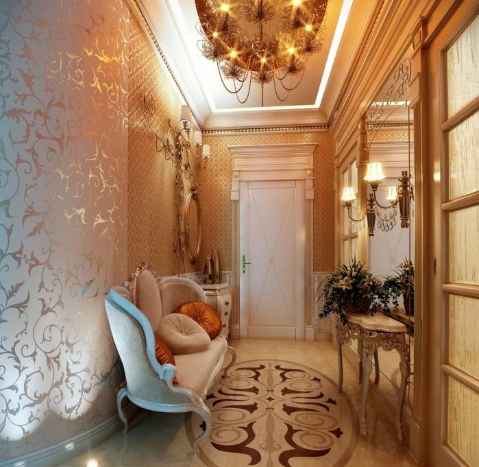 príklad vstupnej dekorácie so zlatými stenami a lesklými béžovými dlaždicami, vintage retro nábytkovým modelom s luxusným dizajnom
