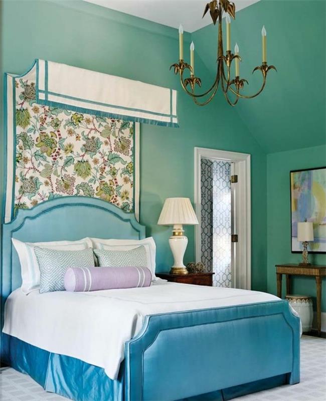 sovrumstapeter, grön turkos, ljuskrona, vit sänglampa, blå turkos säng