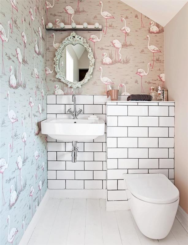 nápad, ako vyzdobiť svoju toaletu v exotickom štýle, šablóna toaletnej tapety s výtlačkami plameniakov