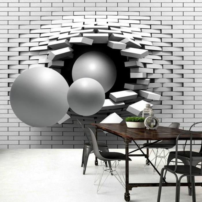 trompe l'oeil tapet med 3D -effekt, 3 stora bollar som bryter en vit tegelvägg, realistisk effekt, rullbord med mörkbrun skiva, fem grå stolar