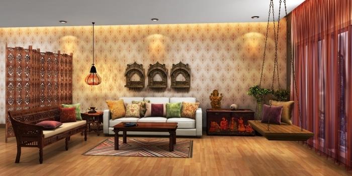 nápad, ako vyzdobiť tradičnú obývaciu izbu nábytkom z tmavého dreva a zaveseným stropom, vzor etnickej hojdačky