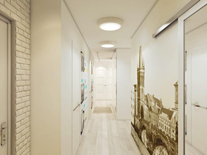 model nástennej dekorácie do chodby s časťou tapiet s imitáciou bielych tehál a papiera trompe l'oeil