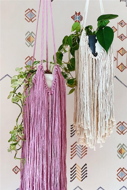 DIY växt macrame mönster, DIY växthängare med bohemian spirit macrame fransar