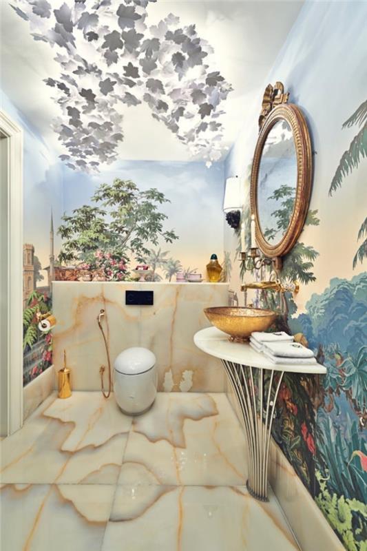 ako originálne vyzdobiť svoju toaletu, model zakrývajúci stenu toalety tapetou trompe l'oeil