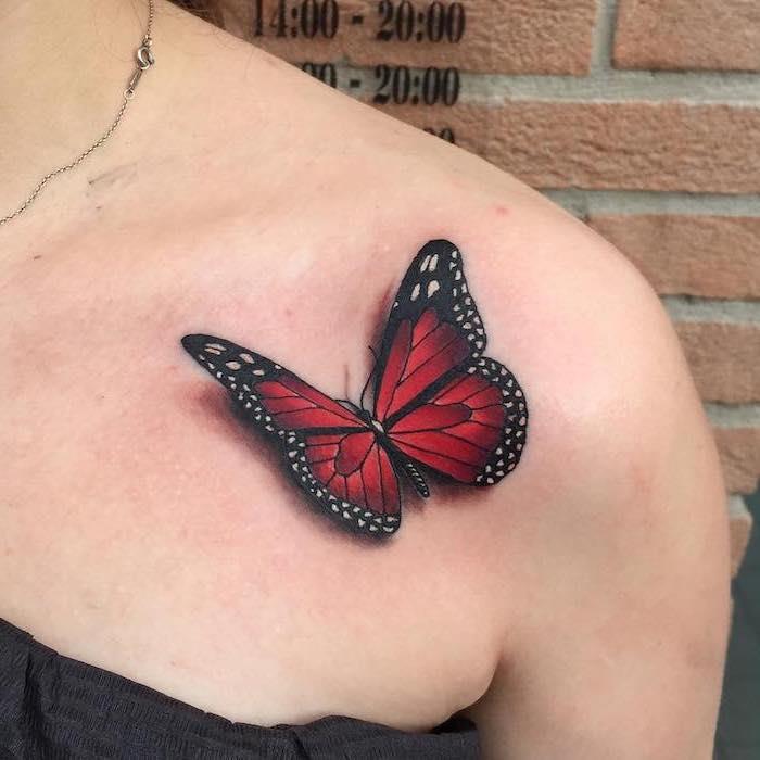 3D tetovanie motýľa, kresba nápadu na kožu, červený a čierny motýľ, tetovanie pre ženy
