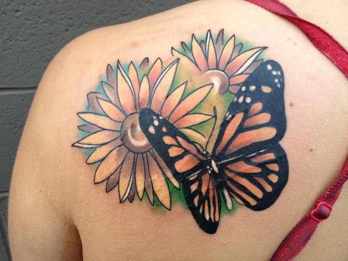 farebné tetovanie, kresba atramentom motýľa monarchu, tetovanie slnečnice