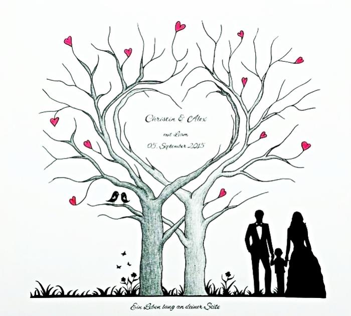 فكرة سكرابوكينغ مع ملصق للزوجين المحبين يرسمان في تصميم شجرة بفروع على شكل قلب