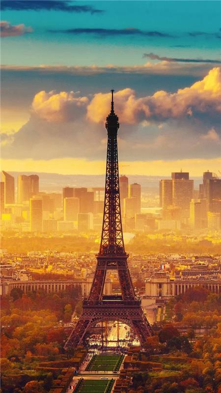 Eiffeltornet, motiverande iphone tapeter, Paris skyline, orange och blå himmel