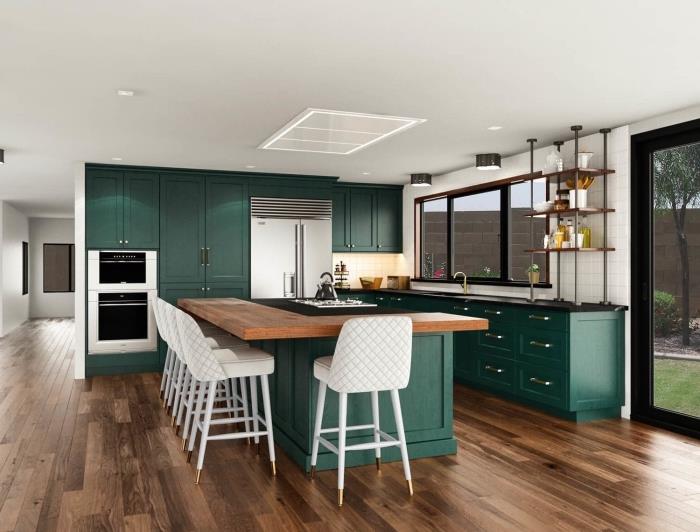 فكرة اللون التكميلي للديكور الأخضر الحديث للمطبخ المفتوح مع أثاث الظل الأخضر الداكن