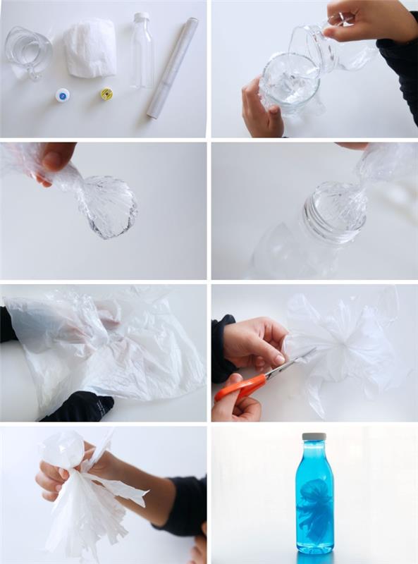 enkel handledning för att göra en havsflaska med maneter av plast, enkel dagis manuell aktivitet, fyll en flaska med vatten färgat i blått