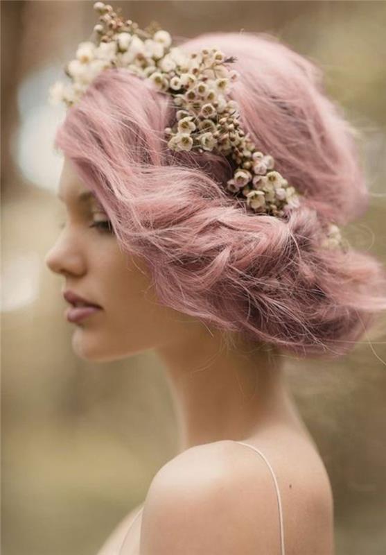 لون الشعر الوردي الباستيل ، تصفيفة الشعر الزفاف ، تاج زهرة مجففة ، صبغ الباستيل الوردي