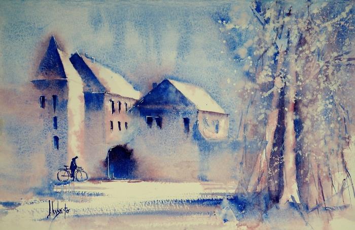 akvarellmålning snöigt landskap av stor poesi i nyanser av blått och blekrosa