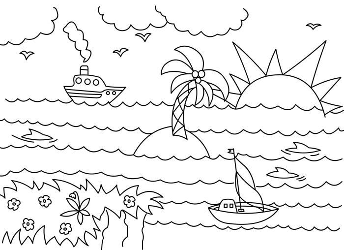 منظر الطبيعة شاطئ البحر شاطئ قارب شجرة النخيل جزيرة الشمس الزهور سحابة الطيور التلوين الصيف عطلة روضة الأسماك