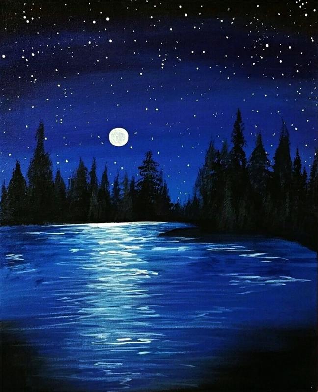 nattliga landskap reflektioner av fullmånen på vattnet i akryl, lär dig att måla ett akryllandskap