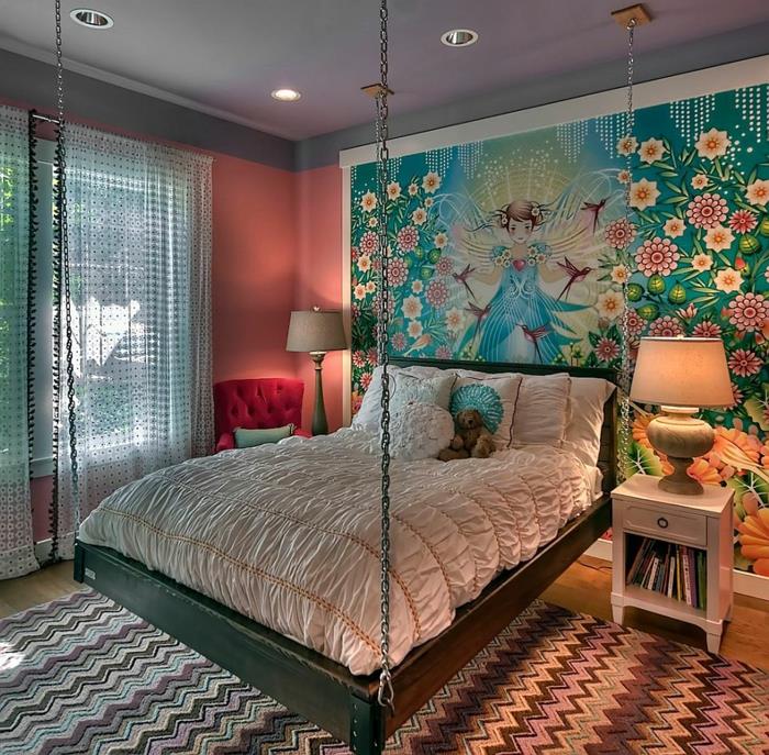 غرفة نوم أنثوية ، سرير عائم ، لوحة زهور فنية كبيرة ، مصابيح بجانب السرير ، لوحة نوم حديثة باللونين الوردي والرمادي