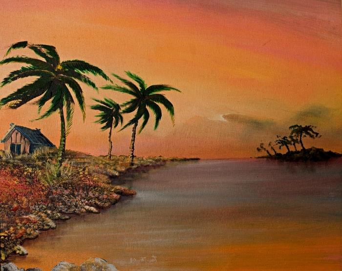 tropiskt landskap i akryl i nyanser av ockra, akrylmålning på duk tropiskt landskap