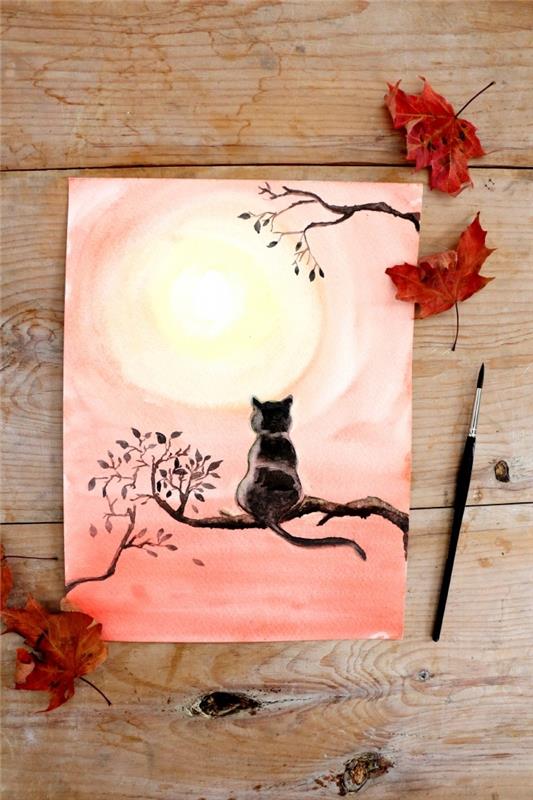 vacker akvarellmålning av en svart katt som ligger på en gren, tittar på solnedgången, målarhandledning för att lära sig grunderna i akvarell