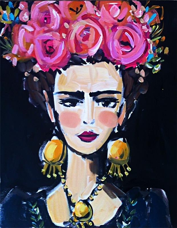 porträtt av frida kahlo med blomkrona i akryl, konstnärligt och mångfärgat porträtt