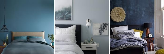 modern sovrumsdekoration med mörkblå eller pastellblå väggar, industriell hängande lampbelysning