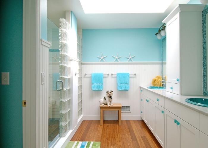 liten badrumslayout med dusch och dubbla handfat, idéer för barns badrumsfärger i blått och vitt