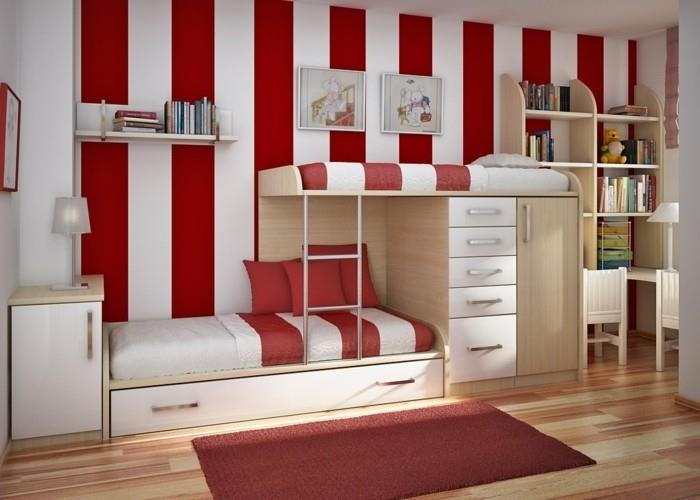 červeno-biele-rauyrues-spálňa-farba-poschodová posteľ-skvelý-deco-nápad