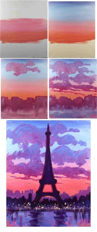akvarell landskap som visar solnedgången och silhuetten av eiffeltornet