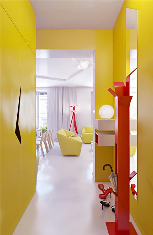 ako integrovať živé farby do moderného interiéru, príklad rozloženia chodby v žltej a červenej farbe