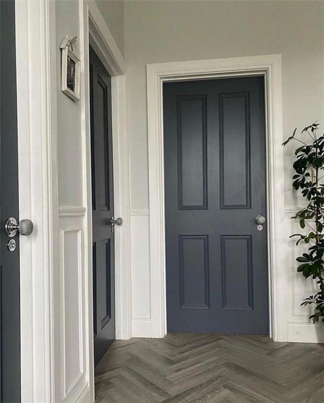hall målning två trädörrar målade grå med vita ramar och grön palnte bredvid