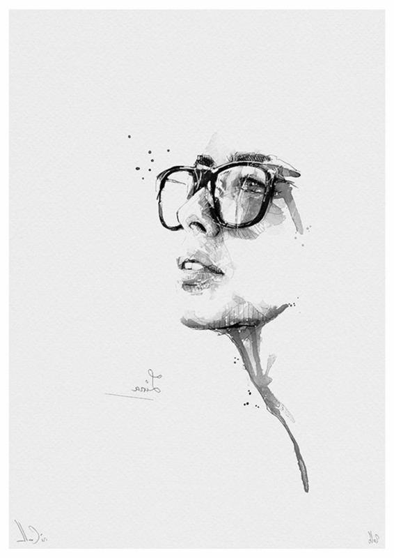 Fototeckning filterritning ritning svartvitt ansiktsfototeckning söt kvinna glasögon hipster