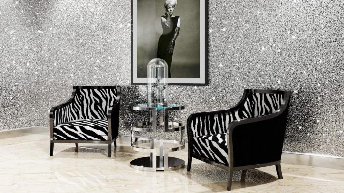 ženská dekorácia miestnosti s očarujúcim efektom, usporiadanie obývačky s trblietavými stenami, strieborná farba s trblietavým efektom