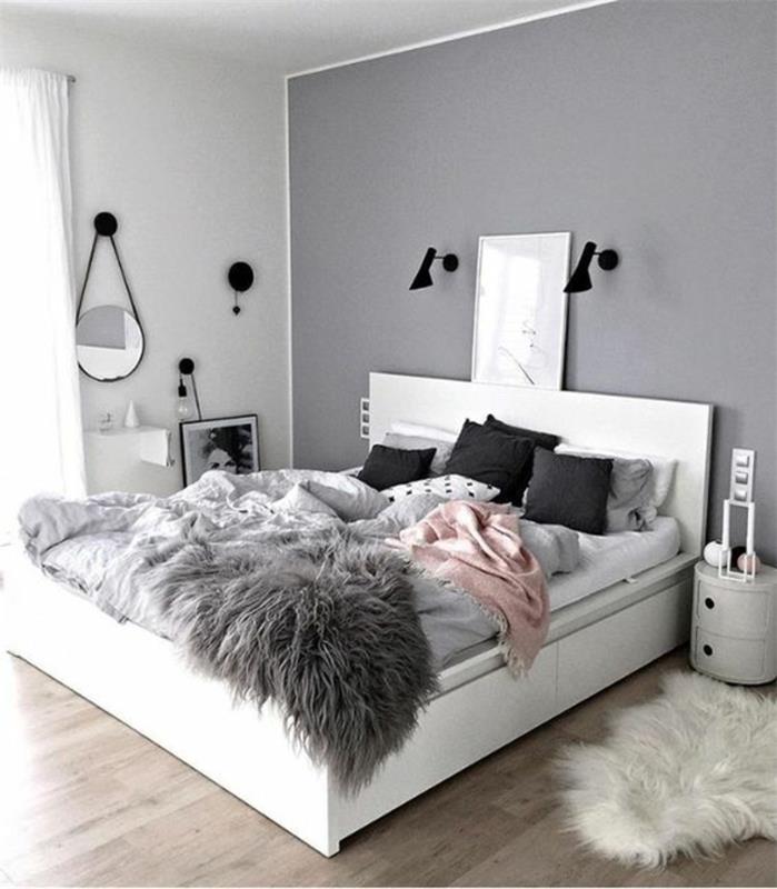 perlovo sivé farebné steny v rôznych farbách spálňa s manželskou posteľou celá biela