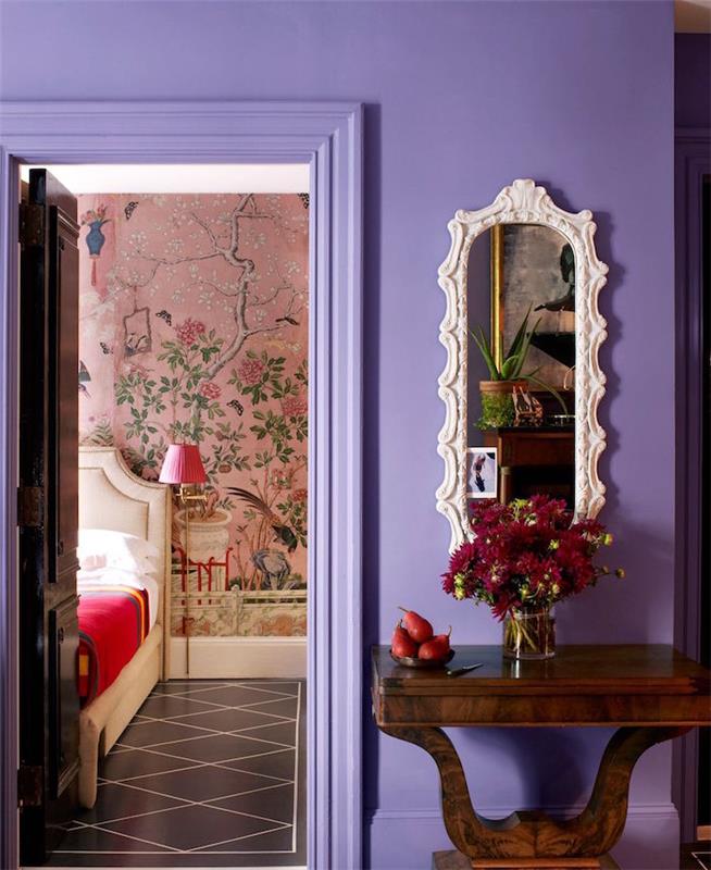 purpurová farba na stenu, nápady na maľovanie stien na levanduľovú chodbu, fialový interiér domu