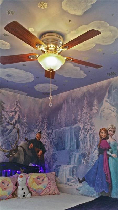 samolepky snehovej kráľovnej, dizajnový povlak na vankúš Elsa, modrý strop s ozdobou bielych oblakov