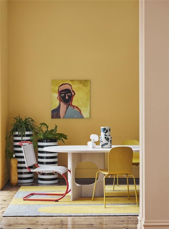 aká farba na stenu 2019, horčicovo žltý odtieň na steny v obývacej izbe, obdĺžnikový vzor sivého a žltého koberca