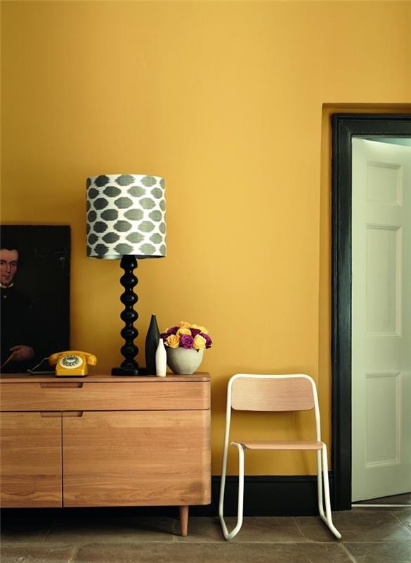 nápad s horčicovo žltou dekoráciou v obývacej izbe so žltými stenami, nábytkom do obývačky zo svetlého dreva, bielym a tmavošedým modelom žiarovky