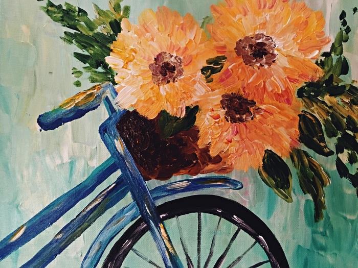 måla cykelkorg dekorerad med blommor på en vattengrön bakgrund gjord med akryl, lätt brädidé att lära sig att måla med akryl