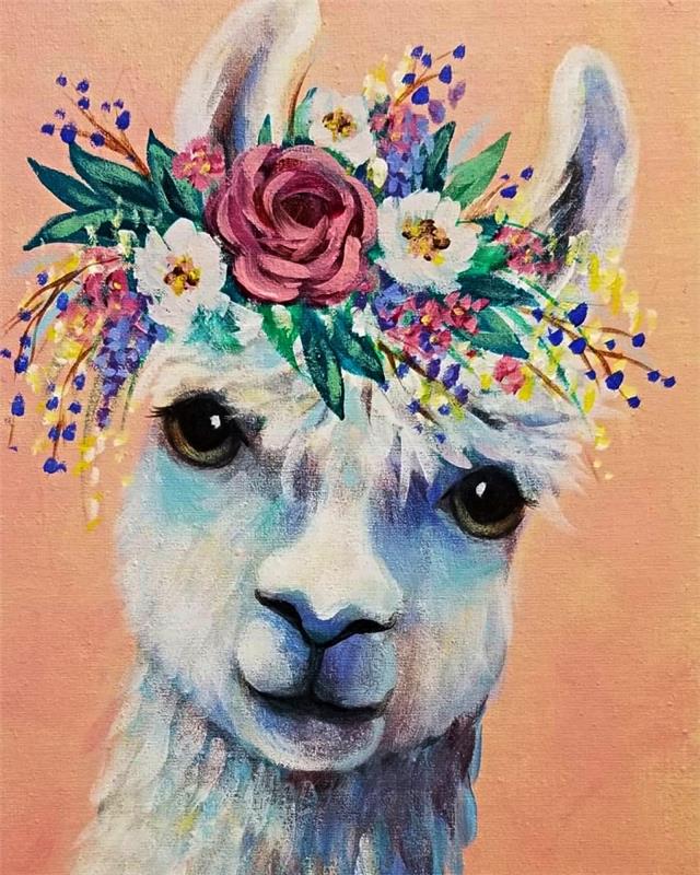 måla lätt att måla i akryl, måla lama med krans av blommor på en rosa bakgrund gjord i akryl