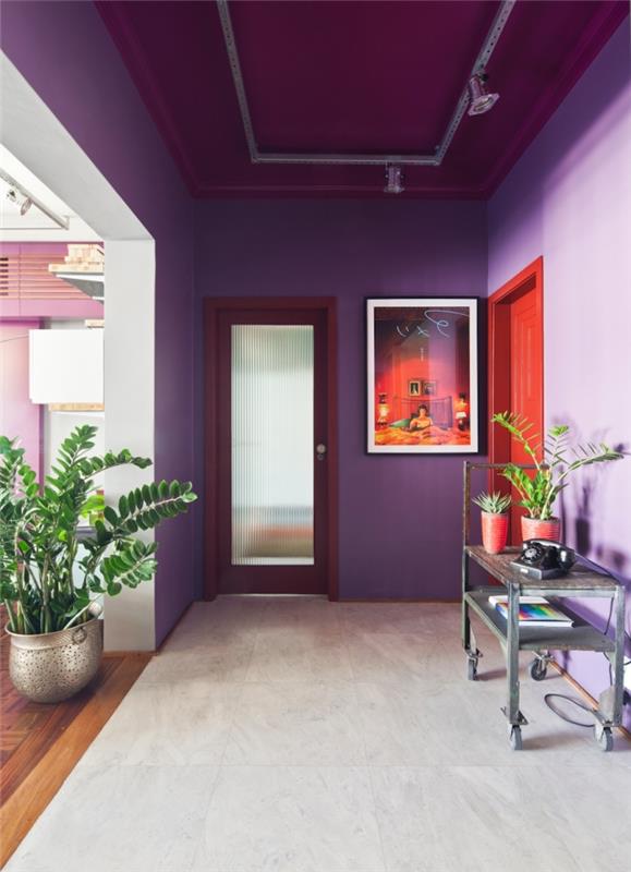 elegantné dekorácie na chodbe s purpurovými maľovanými stenami a červenými akcentmi na dverách a rámoch s výhľadom na purpurovú obývaciu izbu