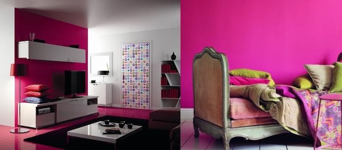 dekorativt föremål, vardagsrum med vita väggar och hallongolv, modernt vardagsrumsdesign, sovrum med mörkrosa väggar