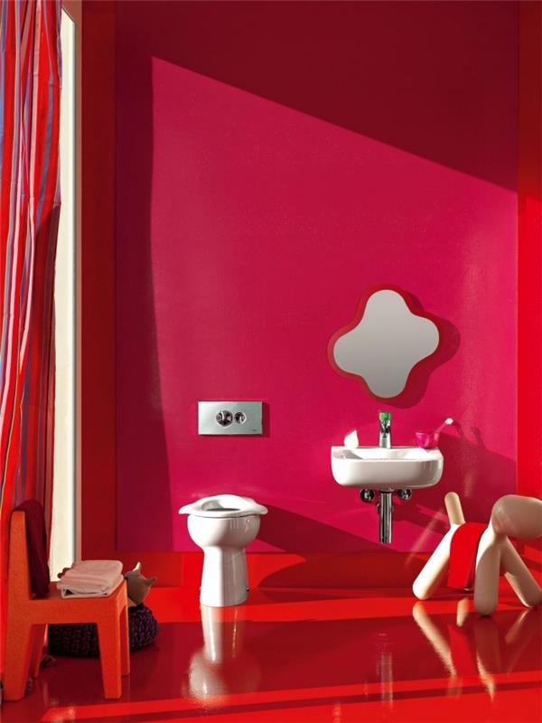 dekorera ett litet badrum i modern stil för barn, dekorera ett litet badrum med rosa och röda väggar