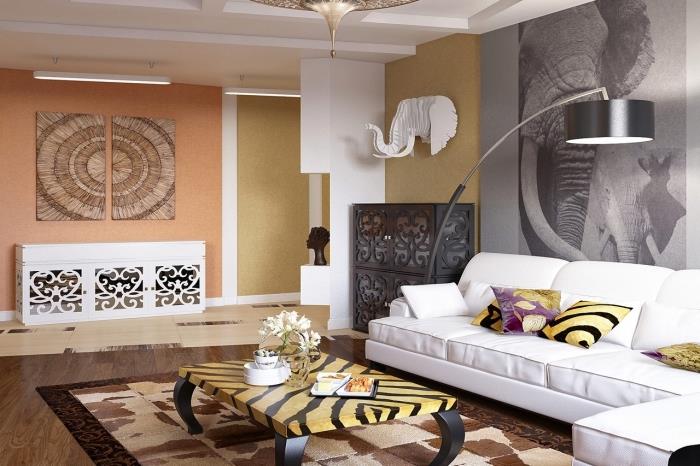 akú farbu pre tradičnú obývaciu izbu v modernom duchu, biely model pohovky potiahnutý farebnými vankúšmi