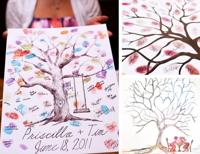 كيفية استخدام وسادة حبر الزفاف لتزيين قماش بتصميم شجرة الحب مع التأرجح والزوجين في الحب