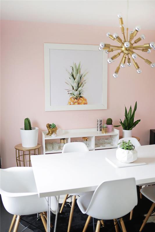matsalsdekoration, pastellrosa väggmålning med ananasbild, metall- och kopparpendellampa