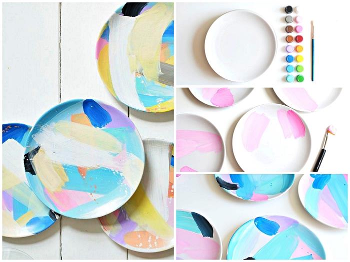 tvorivá činnosť s porcelánovou farbou, porcelánové taniere maľované viacfarebnými abstraktnými vzormi