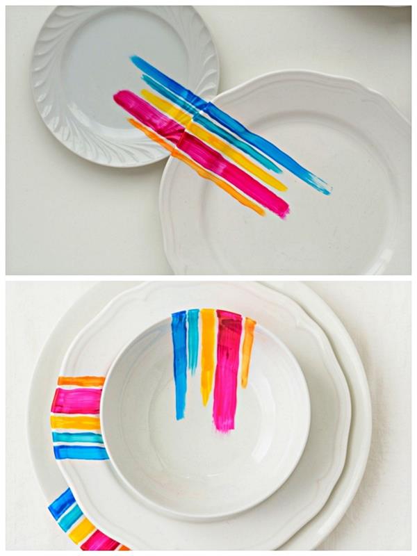 porcelánové farebné pásy farby na bielych tanieroch, nápady na prispôsobenie riadu