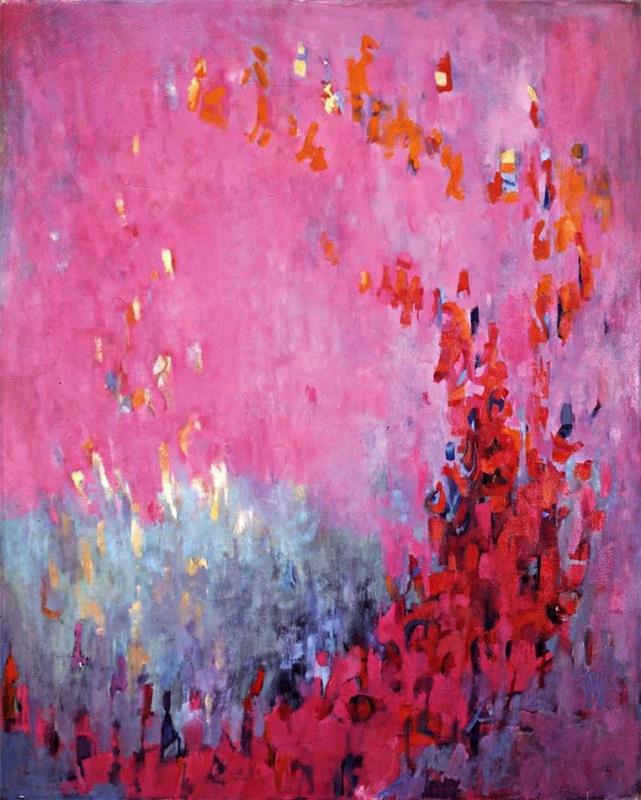 samtida abstrakt målning i rosa, rött och blått med akryl, abstrakt målning på duk