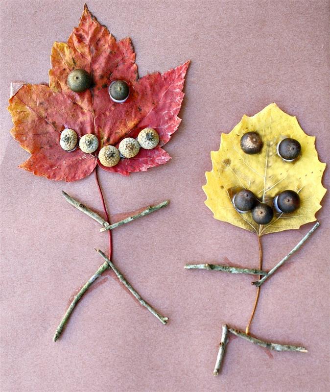 ثلج في الأوراق الميتة والجوز والغصين ، فن الأرض السهل للأطفال ، نشاط إبداعي في الخريف