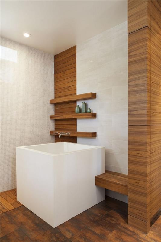 ako vyzdobiť drevenú a bielu kúpeľňu v ázijskom štýle, navrhnúť malú kúpeľňu s voľne stojacou vaňou