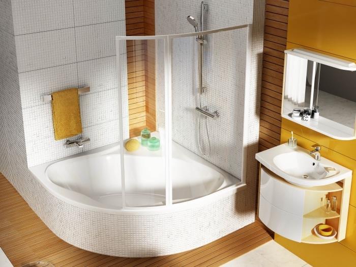 idé vilka färger för ett litet badrum med hörnbadkar, öppen förvaringsdesign fåfängningsmodell