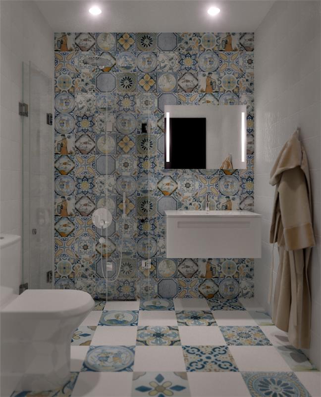 zdobené dlaždice na taliansku sprchovú stenu a podlahu v malej kúpeľni